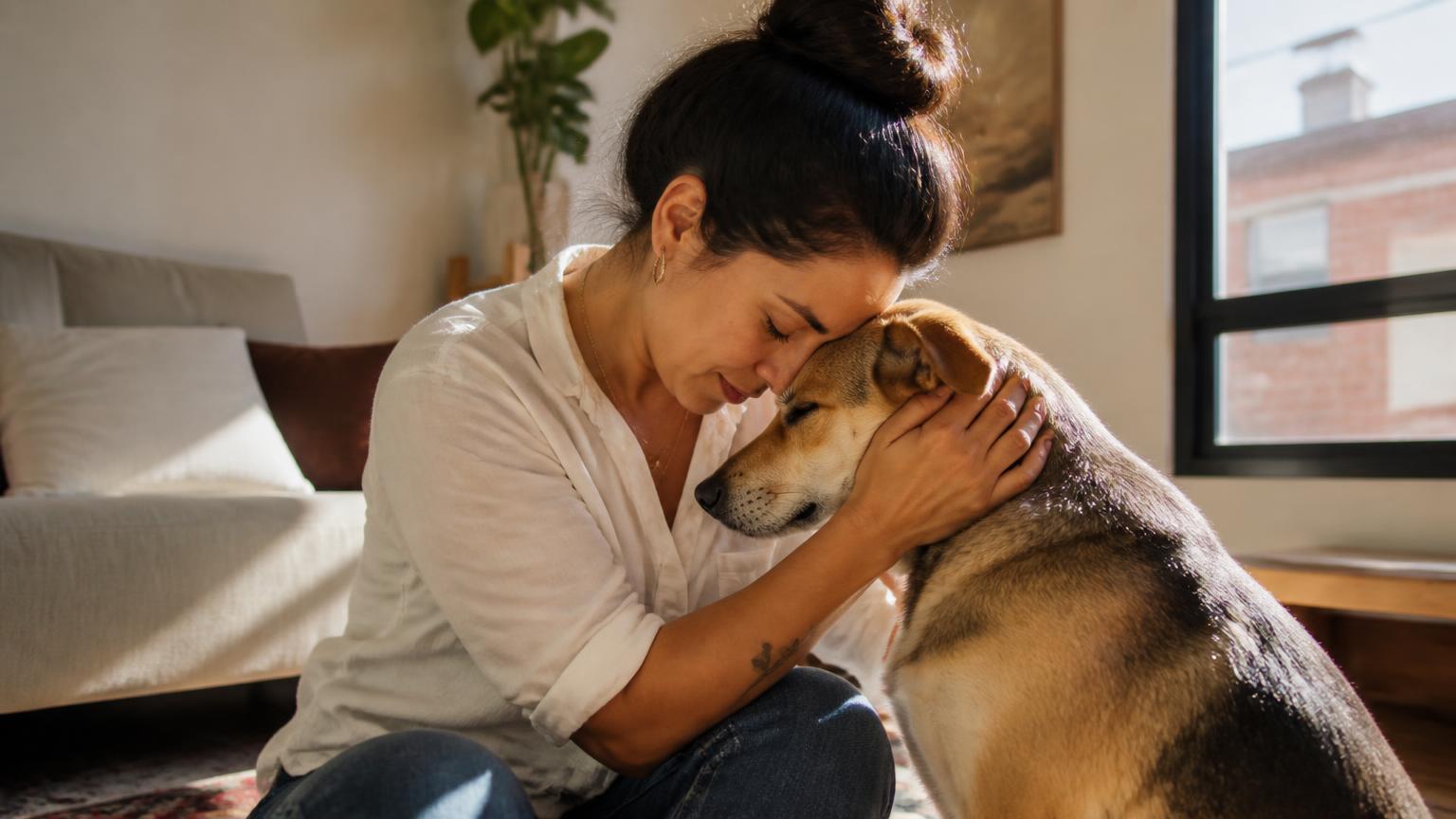 Mujer abrazando a su perro en casa